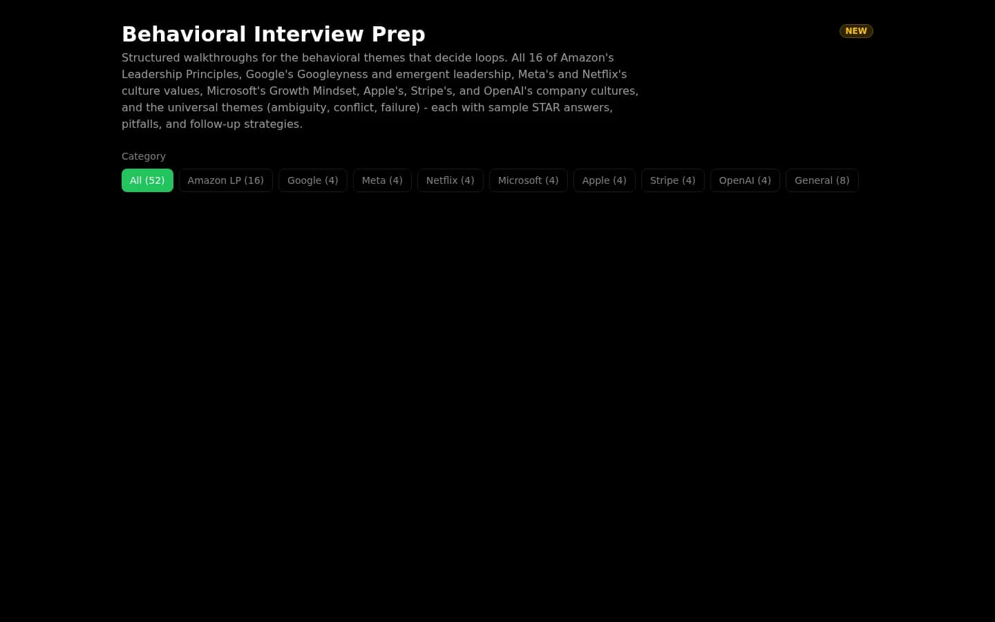 Behavioral interview prep with a STAR answer library across top companies