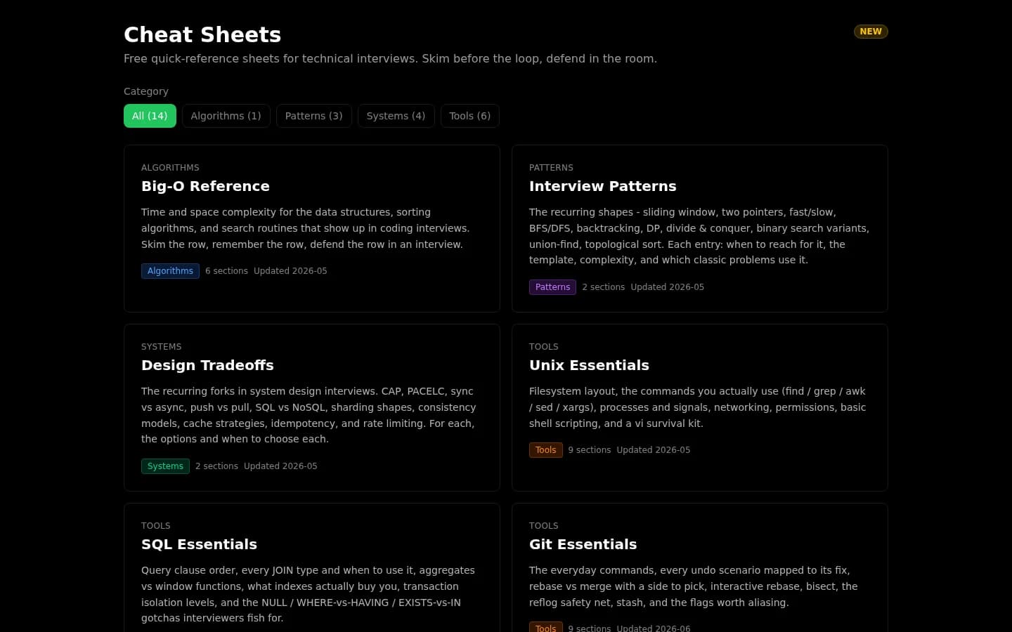 Free quick-reference cheat sheets for Big-O, patterns, SQL, Git, and more
