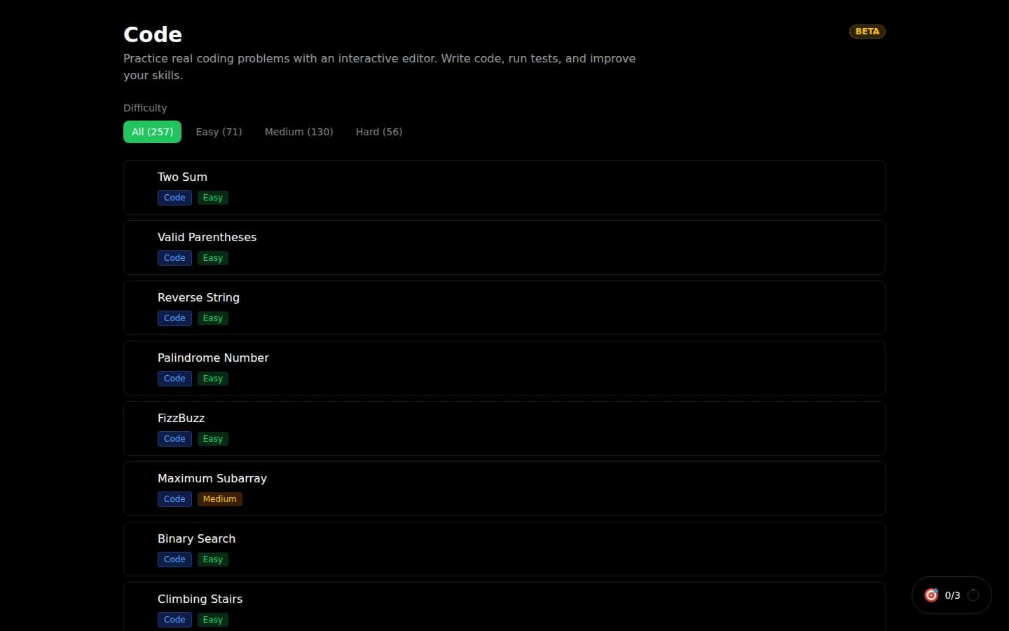 Interactive coding challenges with real-time code execution and test results