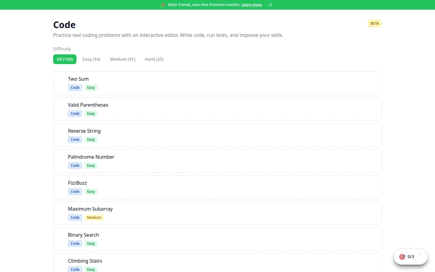 Interactive coding challenges with real-time code execution and test results