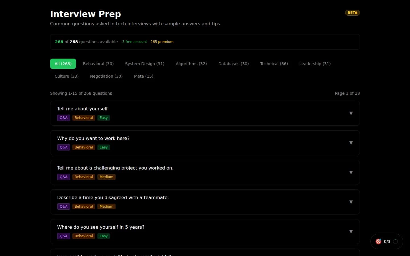 Interview prep with practice questions, sample answers, and tips