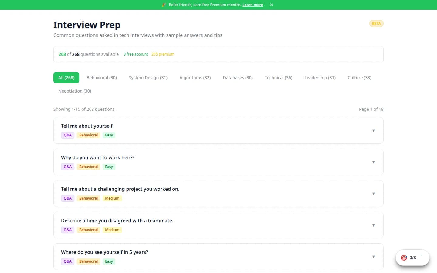 Interview prep with practice questions, sample answers, and tips
