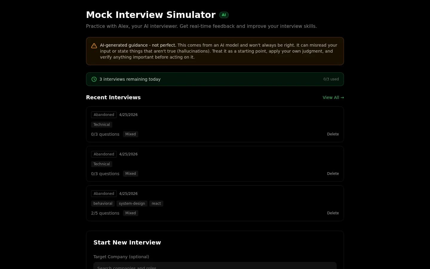 AI mock interview setup with category, question count, and difficulty selection
