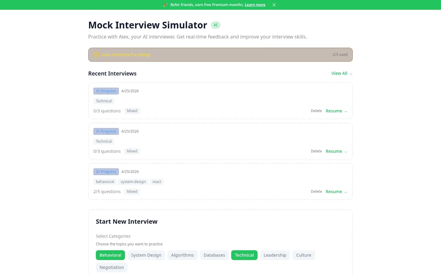 AI mock interview setup with category, question count, and difficulty selection