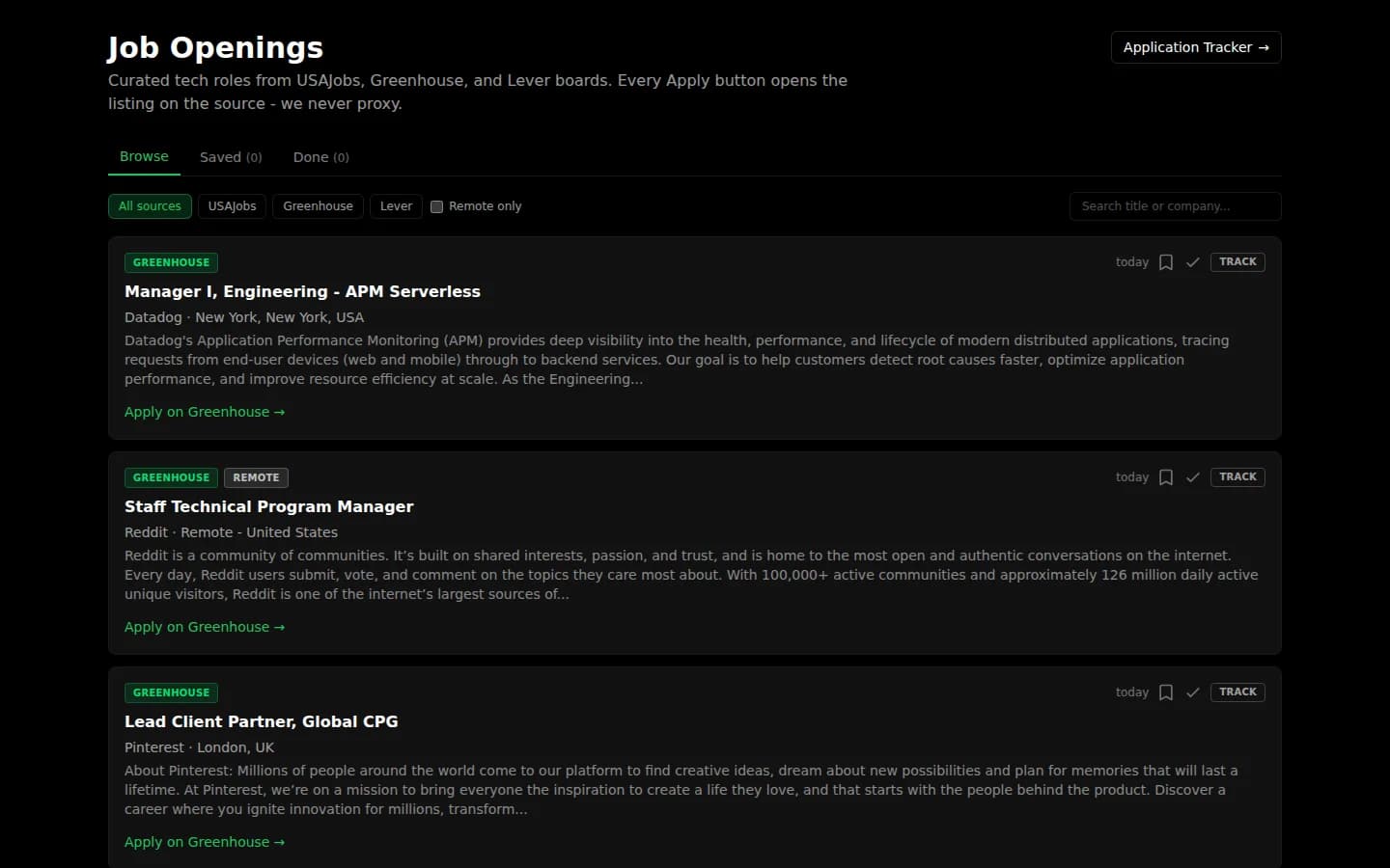 Curated openings board with engineering roles from USAJobs, Greenhouse, and Lever