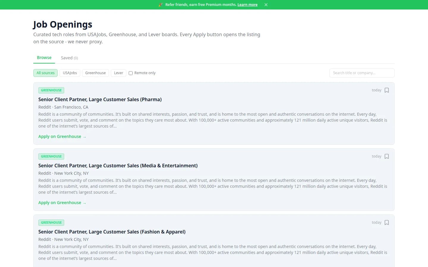 Curated openings board with engineering roles from USAJobs, Greenhouse, and Lever