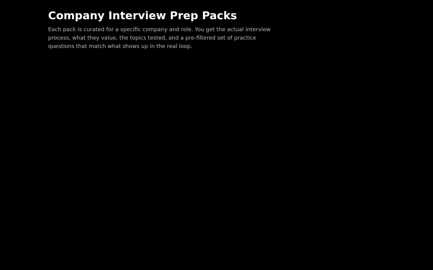 Company-specific interview prep packs with values, core topics, and round formats