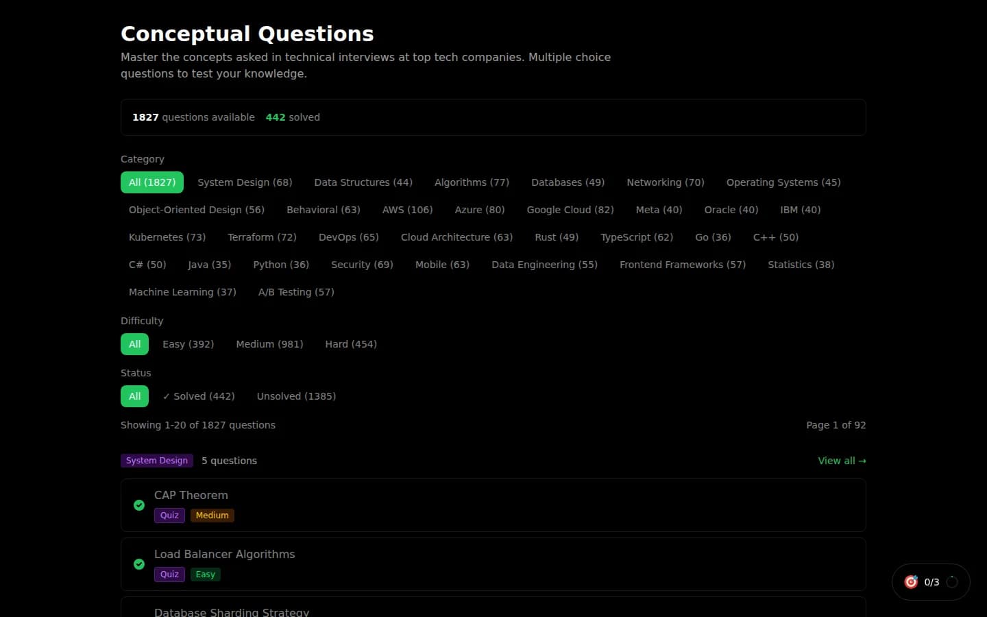 Browse 1000+ practice questions across system design, algorithms, databases, and more