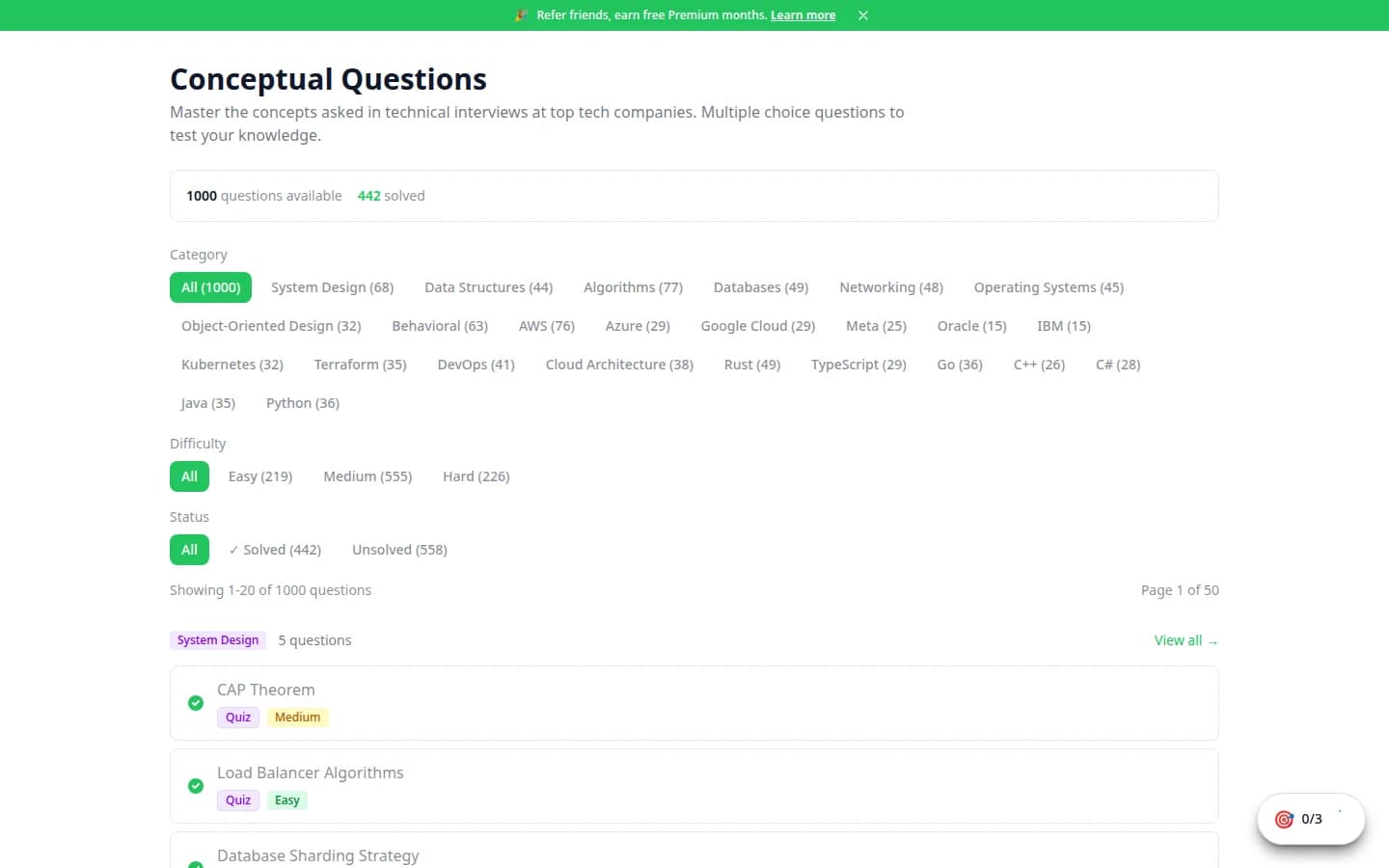 Browse 1000+ practice questions across system design, algorithms, databases, and more