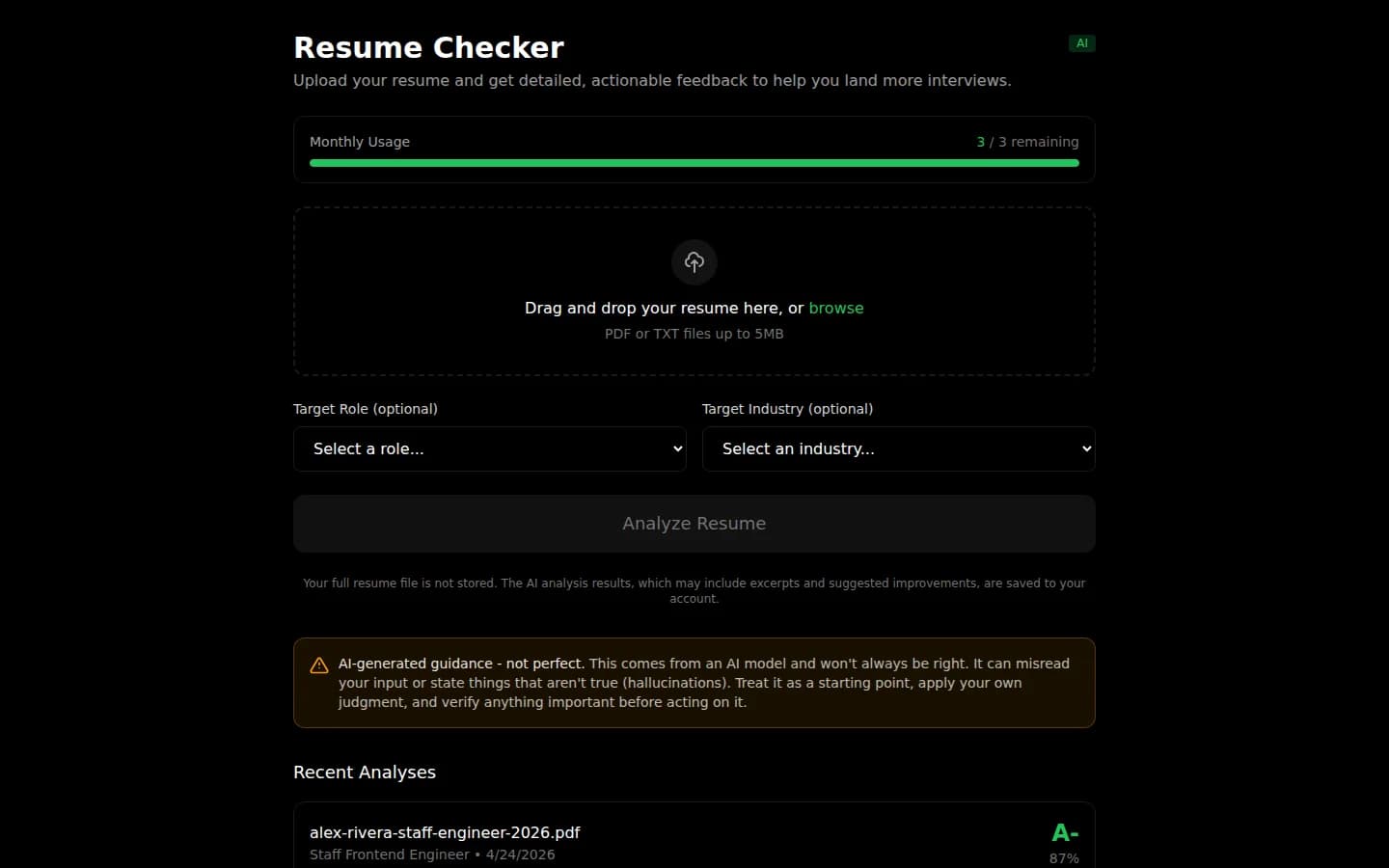 AI-powered resume checker with actionable feedback