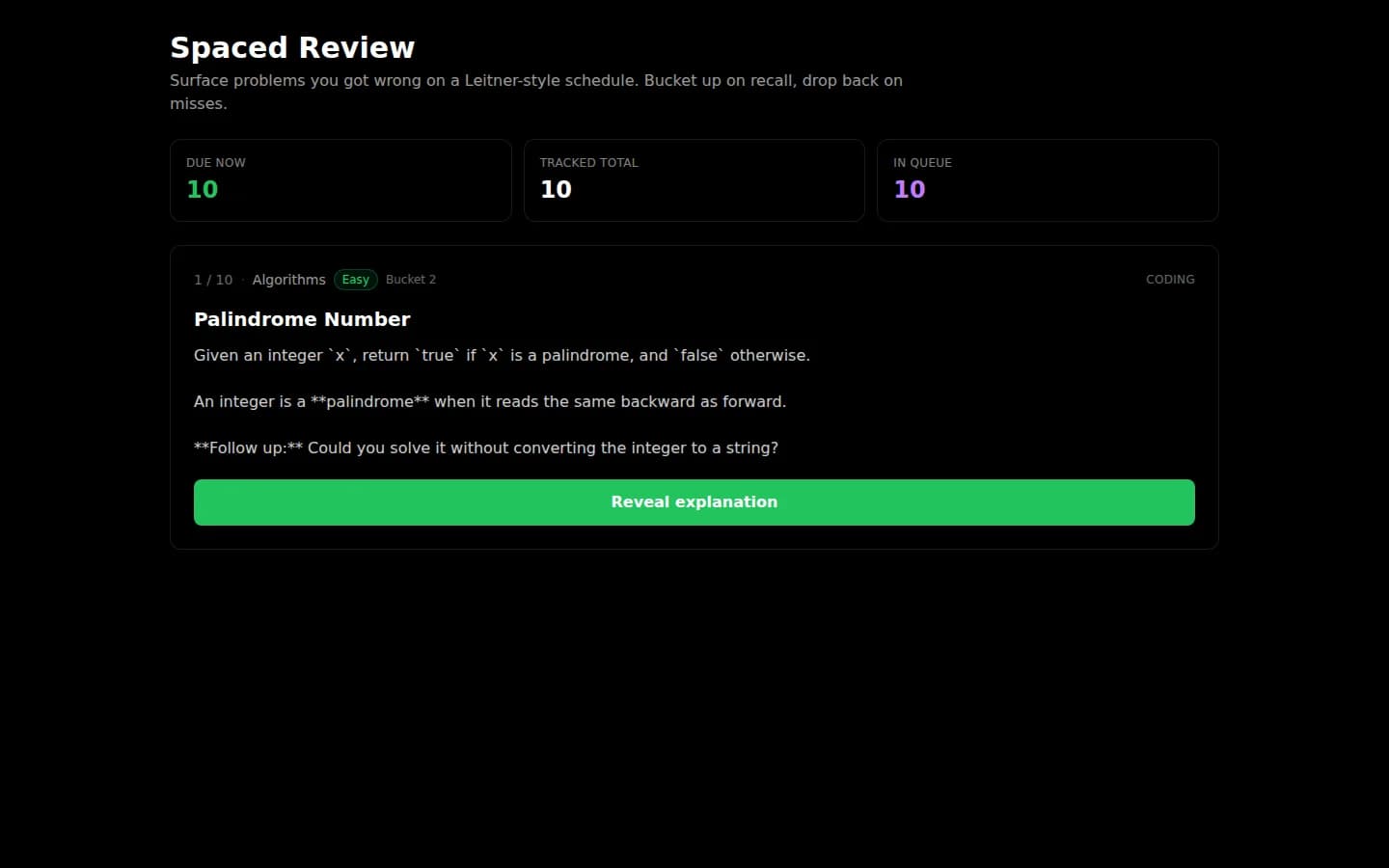 Spaced-repetition review surfacing missed questions and coding problems on a Leitner schedule