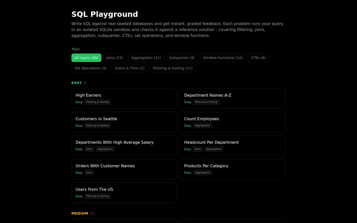 SQL Playground with problems graded against seeded databases
