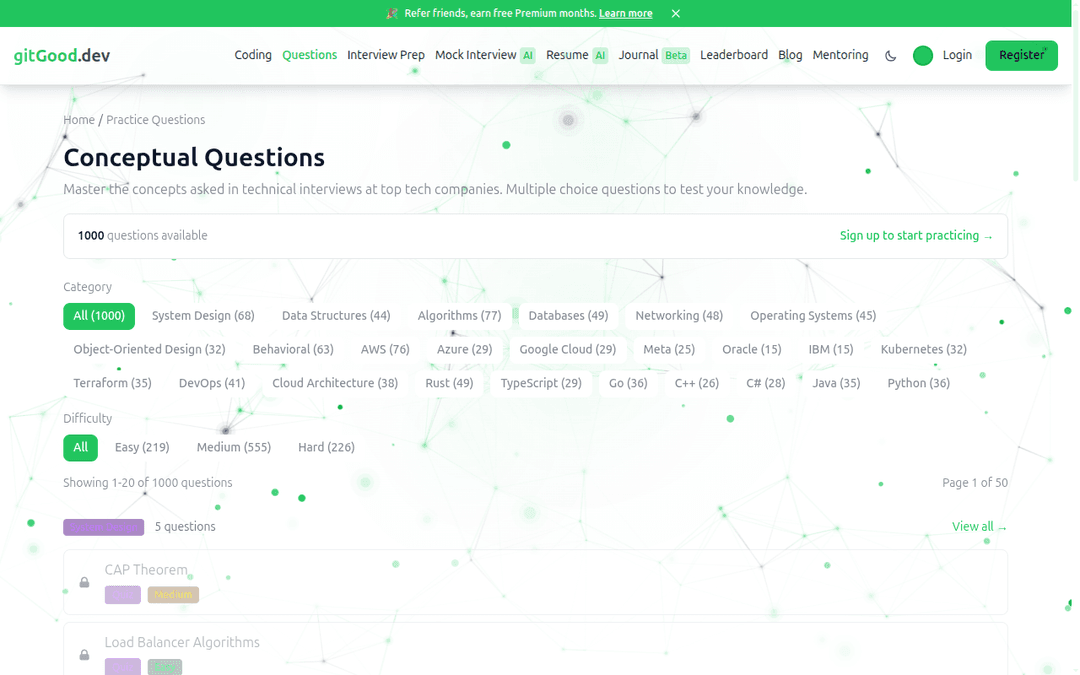 Browse 1000+ practice questions across system design, algorithms, databases, and more