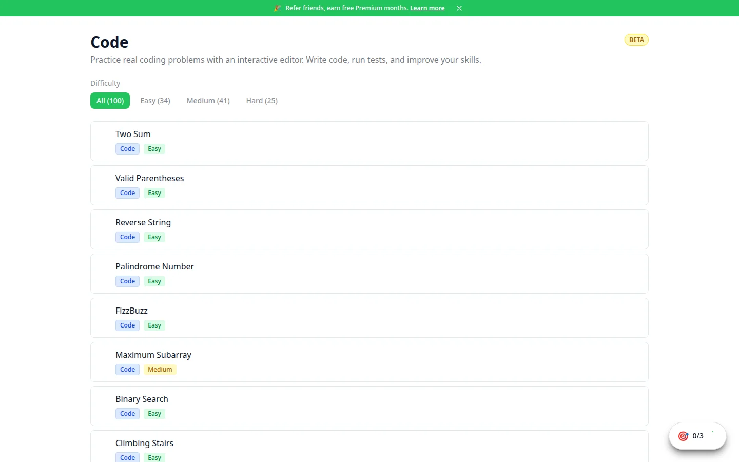 Interactive coding challenges with real-time code execution and test results