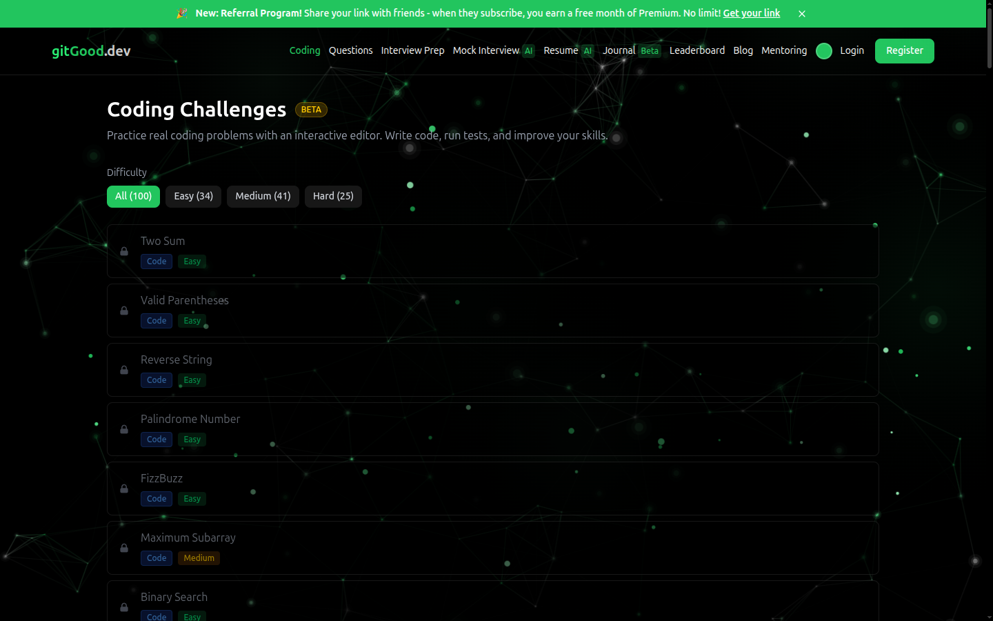 Interactive coding challenges with real-time code execution and test results