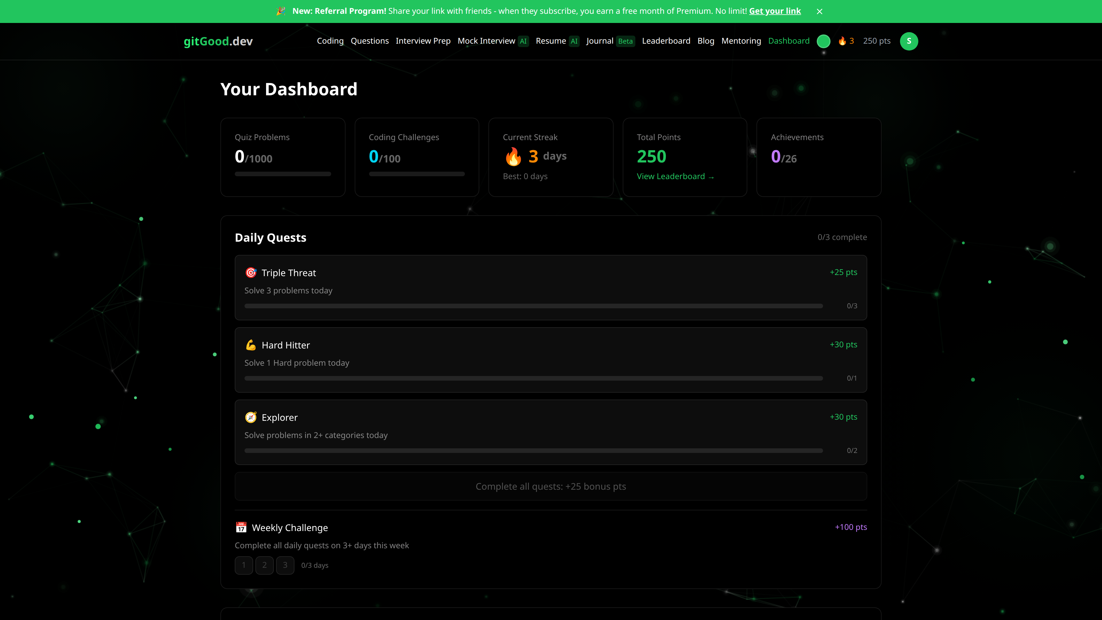 Personal dashboard with daily quests, streak tracking, and progress stats