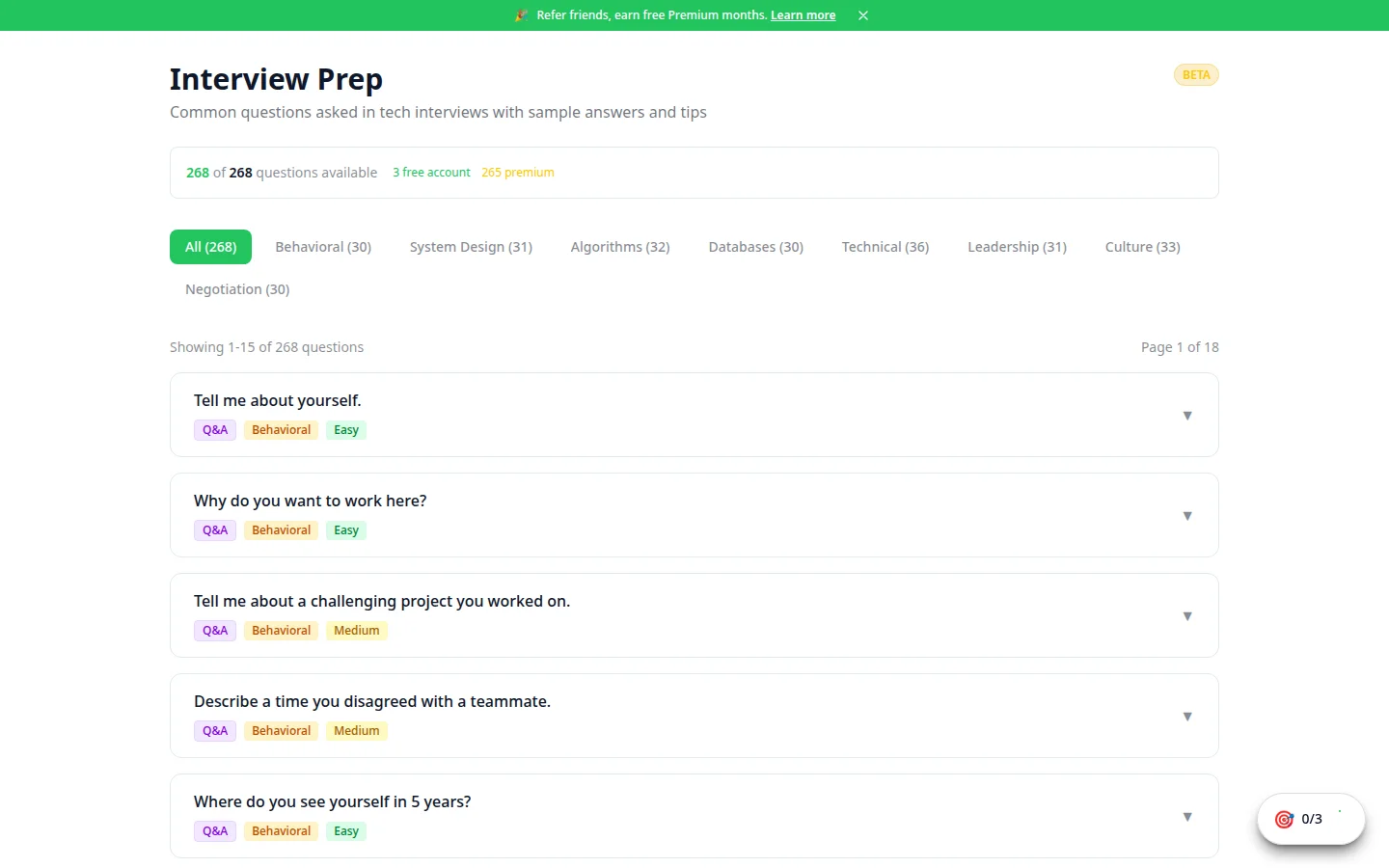 Interview prep with practice questions, sample answers, and tips