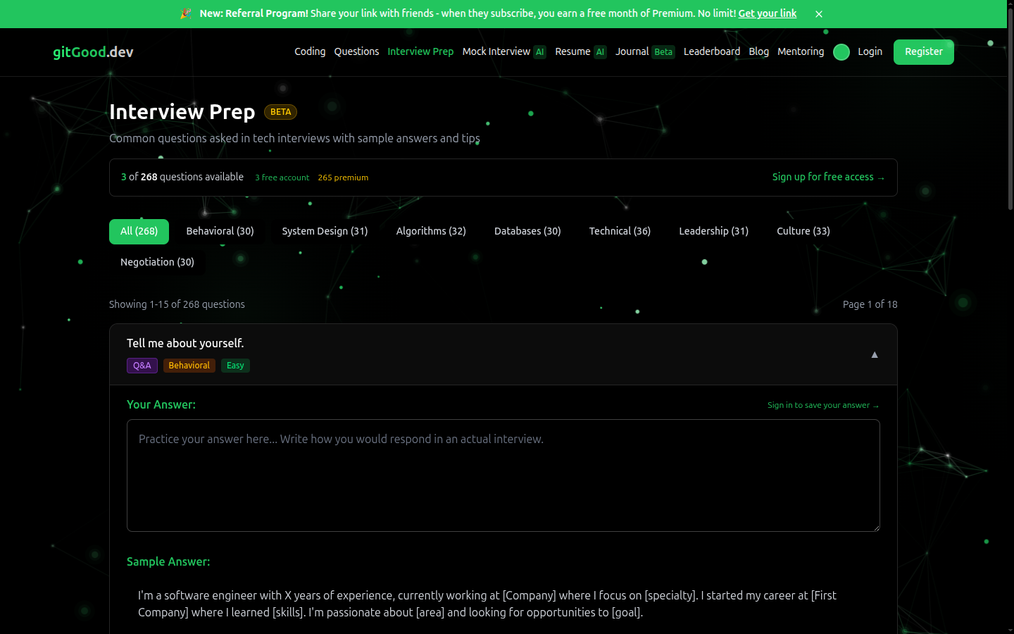 Interview prep with practice questions, sample answers, and tips