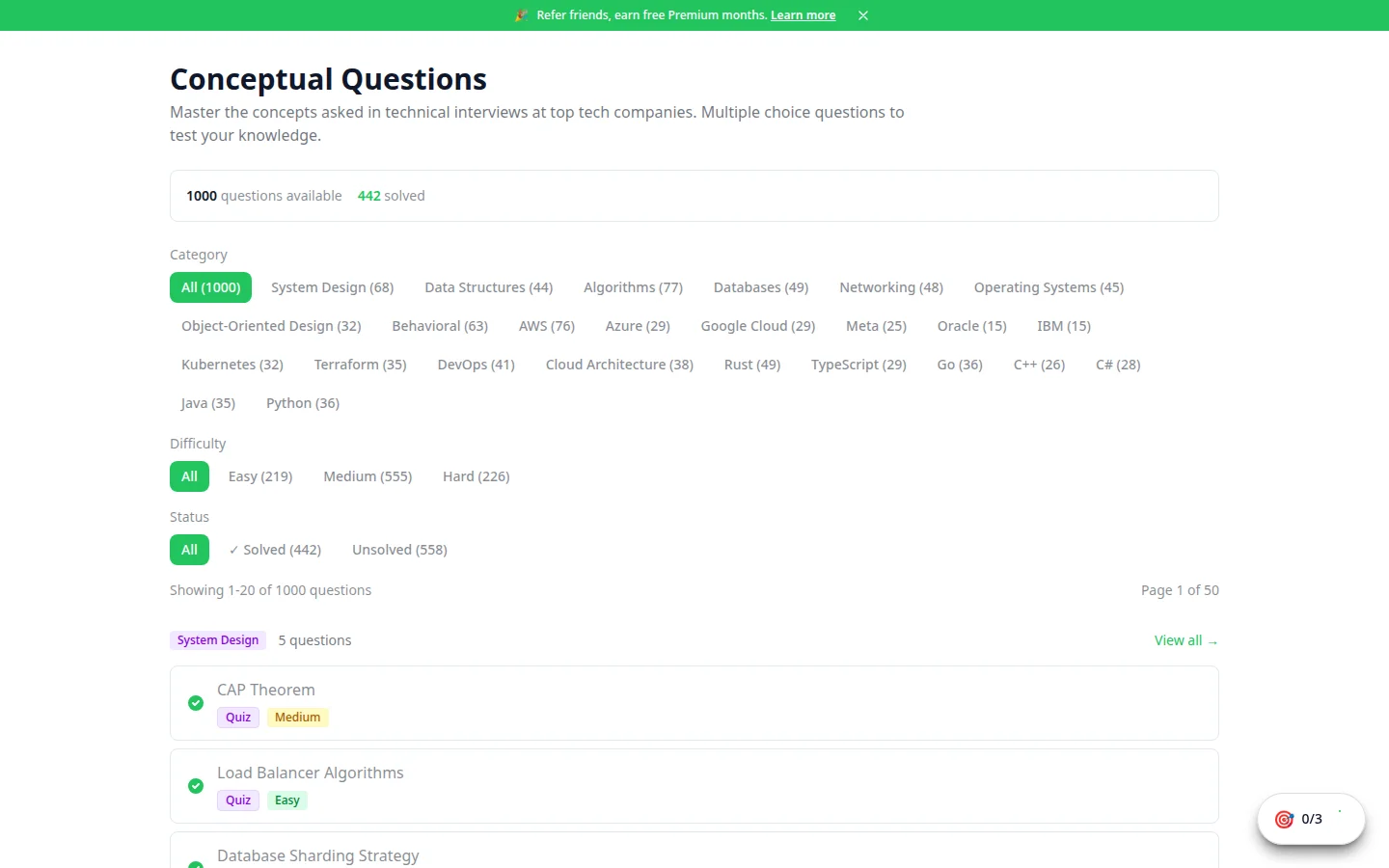 Browse 1000+ practice questions across system design, algorithms, databases, and more