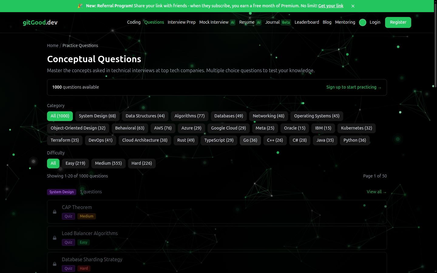 Browse 1000+ practice questions across system design, algorithms, databases, and more